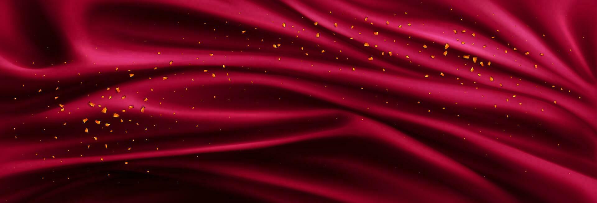 realista rojo seda paño con dorado partículas vector