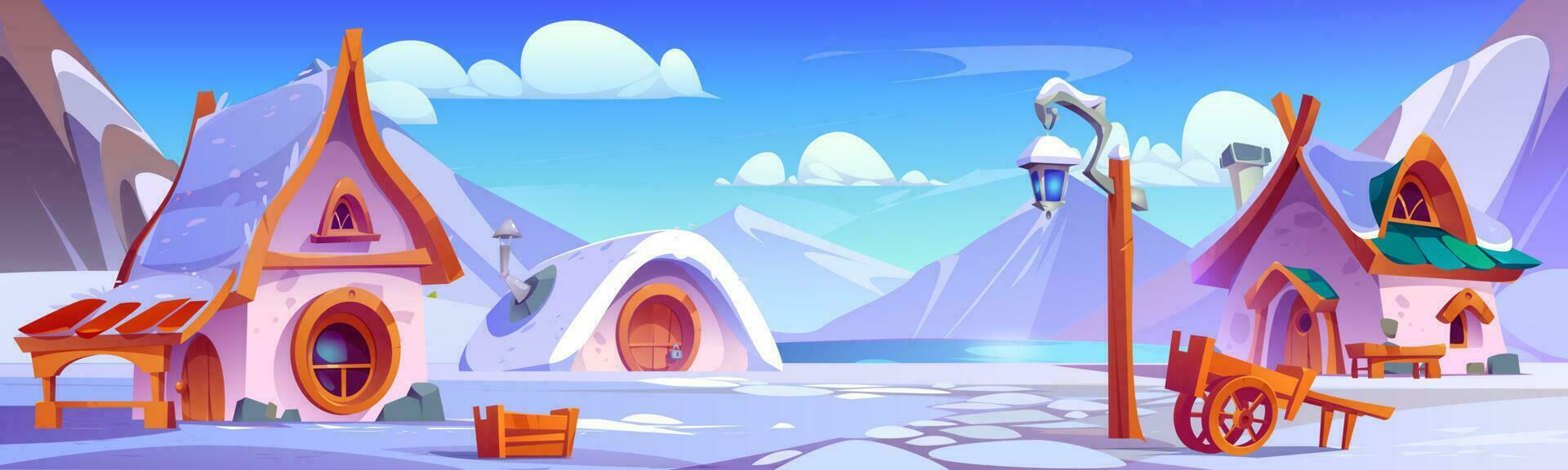 Winter village scene with cute fantasy dwarf house vector