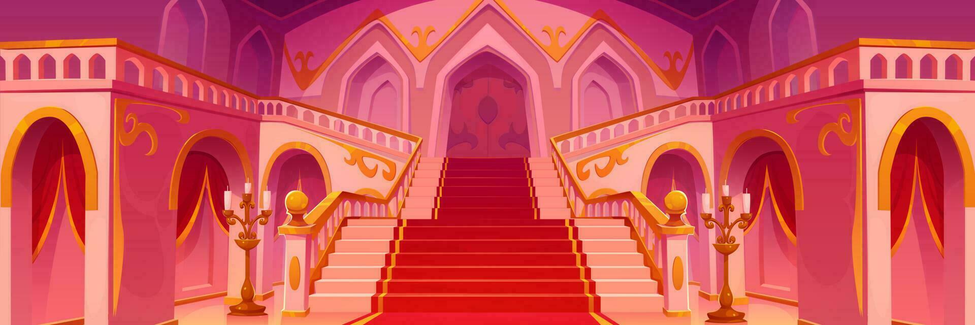 Royal palace hall interior with staircase, carpet vector