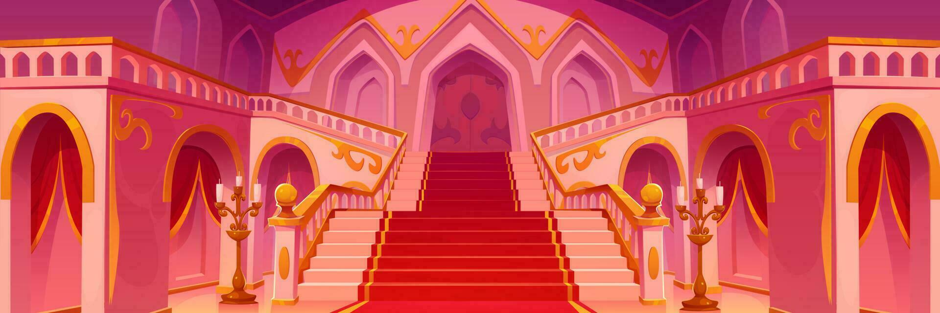 Royal palace hall interior with staircase, carpet vector