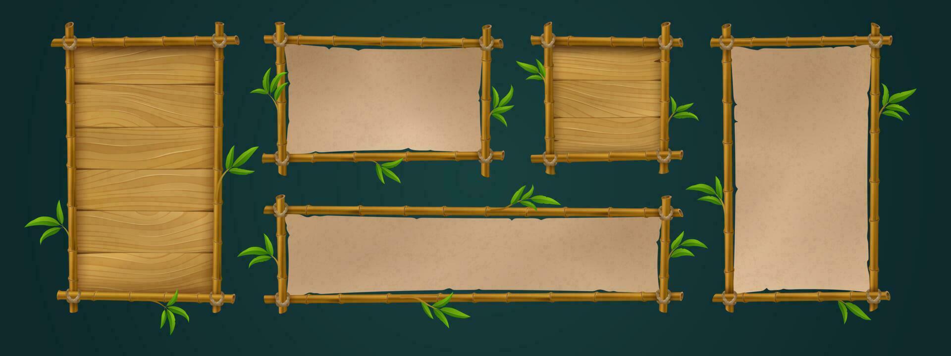 Realistic set of bamboo wood and paper signboards vector