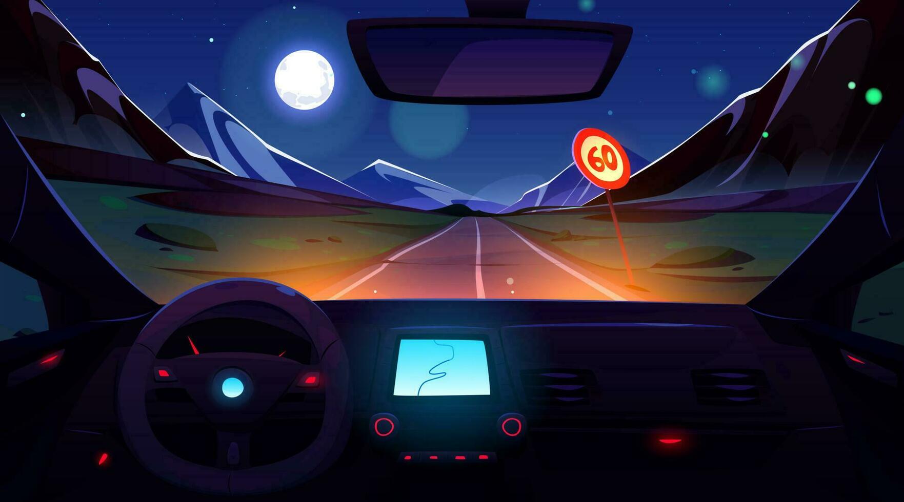 Car driving mountain road at night vector