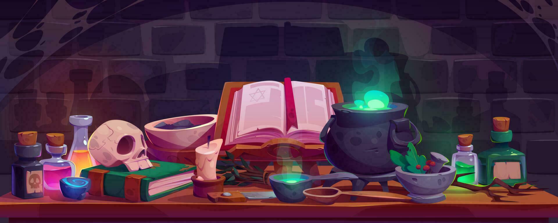 Alchemist table in witch house, laboratory room vector