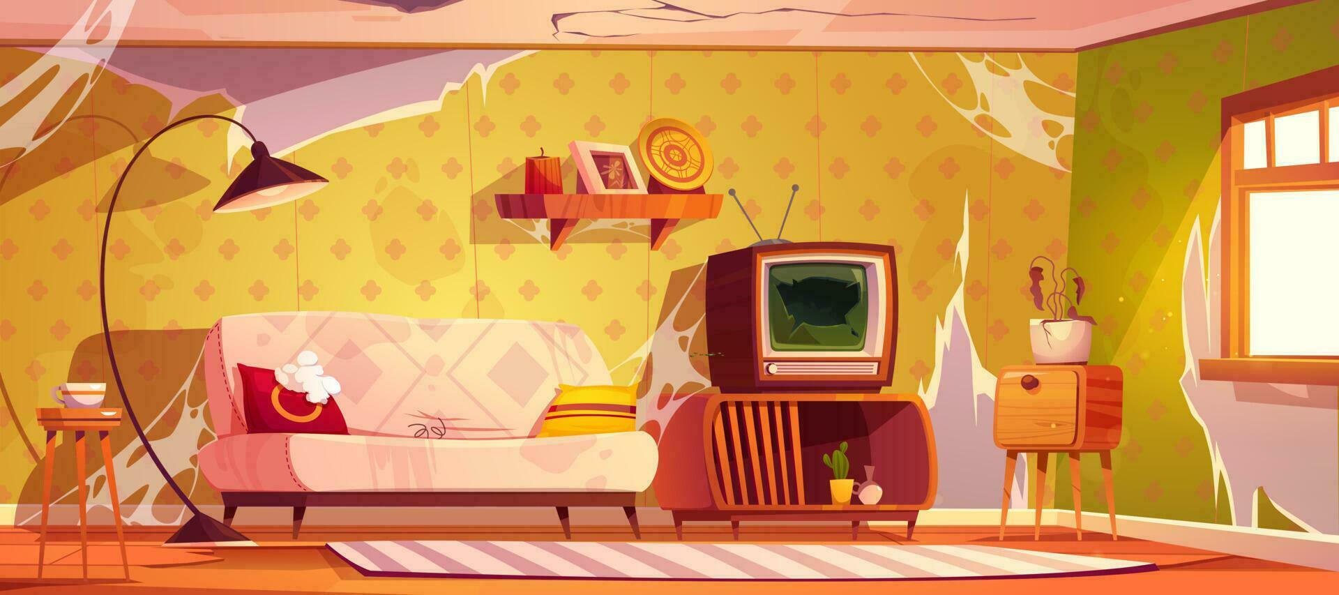 Abandoned house room with broken sofa cartoon vector