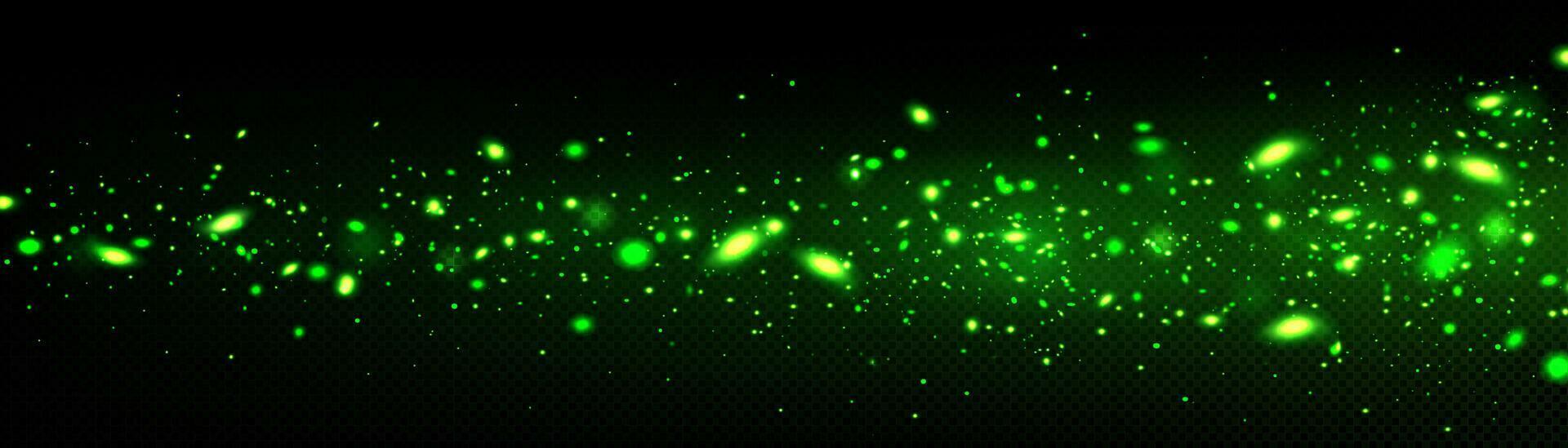 Green fireflies glowing on dark background vector