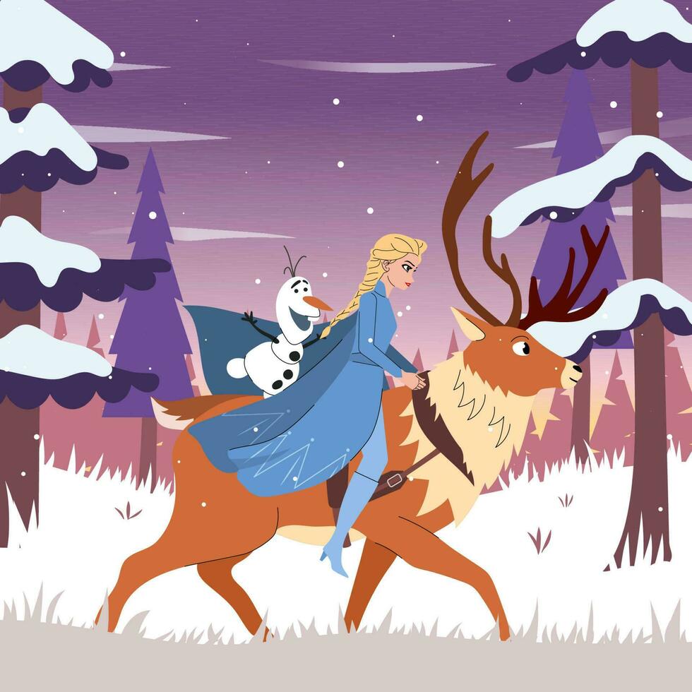 Winter Queen Riding an Elk with a Snowman vector