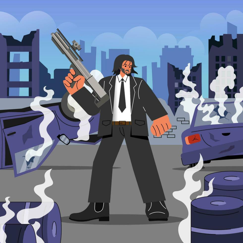 Gentlemen Holding a Weapon in Destroyed City vector