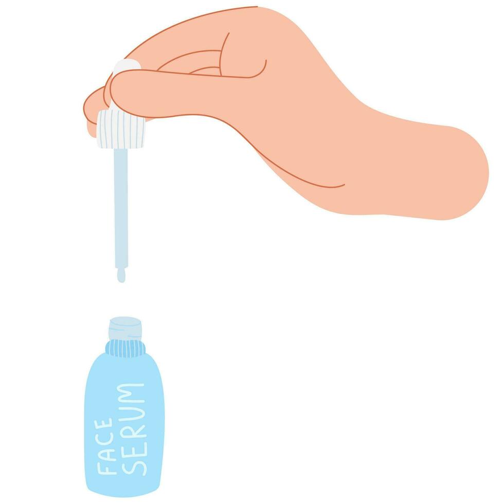 Hand with face serum. Skincare routine. vector