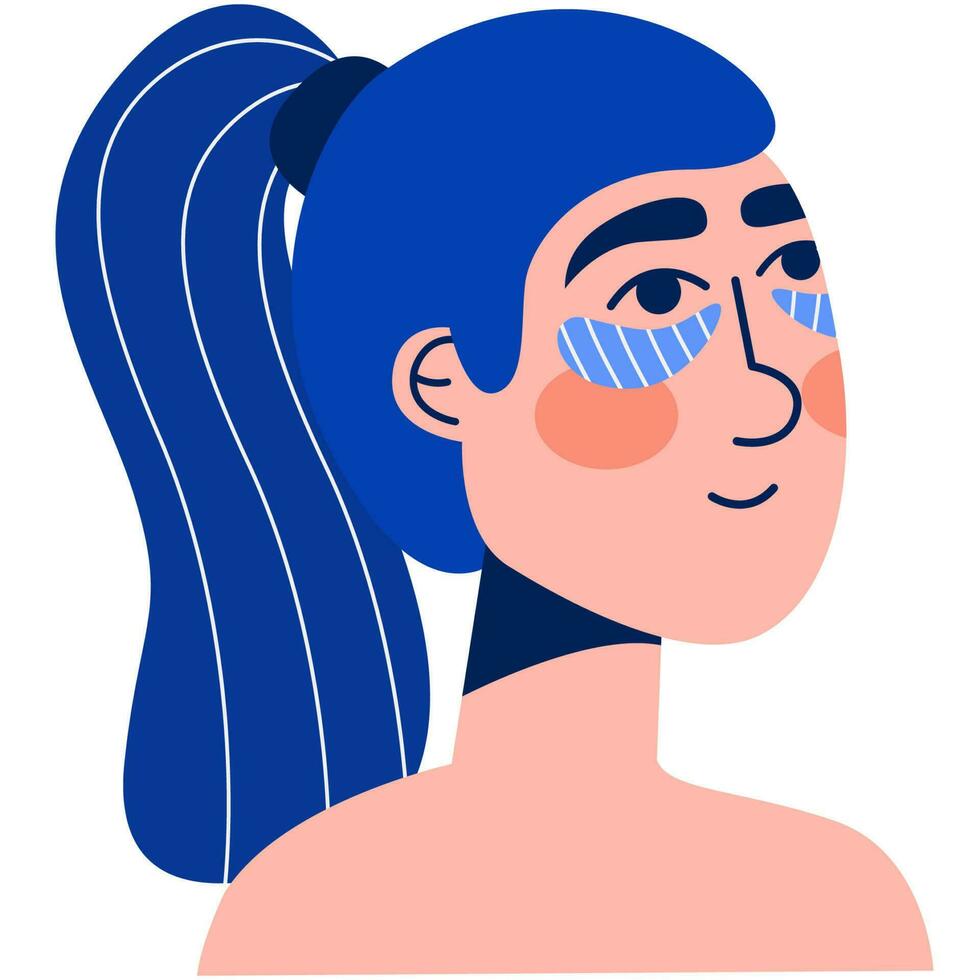 Woman with the blue hair and eyes patch. Daily activity routine. Skincare procedure, dermatology treatment, cosmetology product, clear face, skin beauty. vector