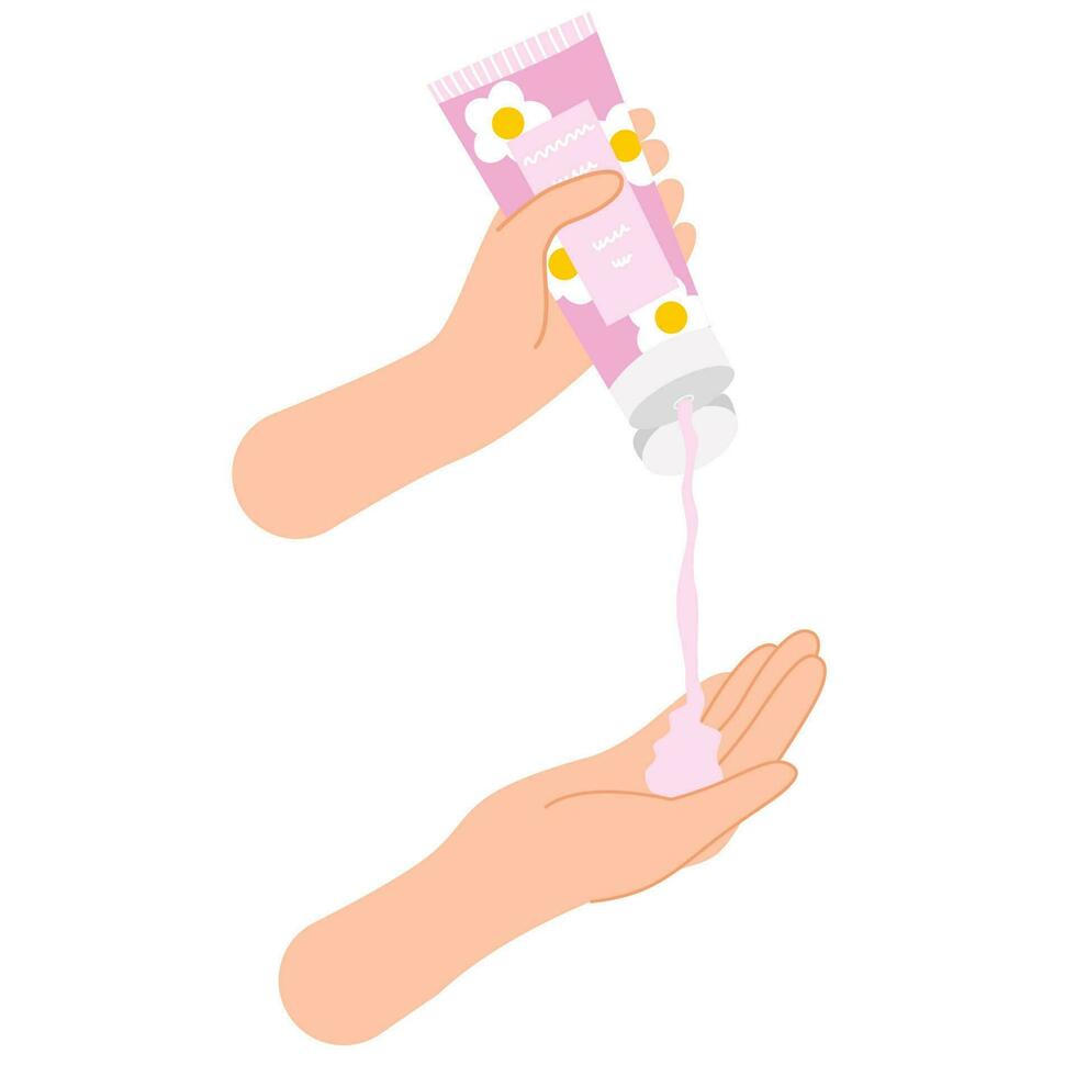 Hand holding hand cream with floral design .Hand squeezes cream on hand. Skin care routine. vector