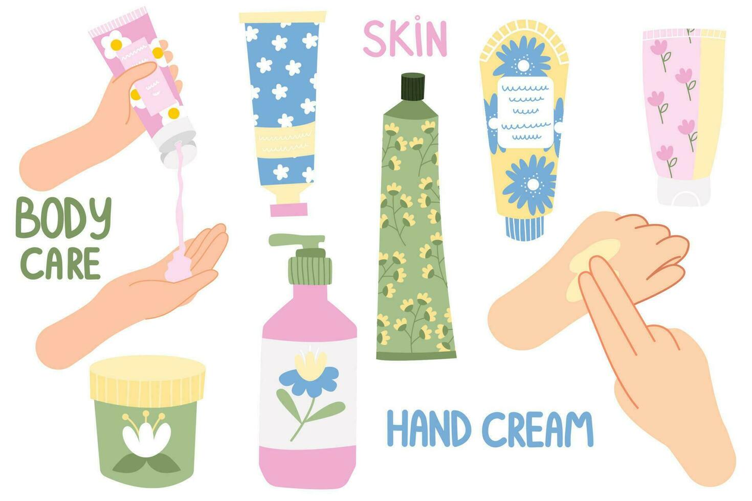 Organic hand cream set with floral design. Set of woman hands apply cream from tube. Skincare routine. Daily cosmetic. vector