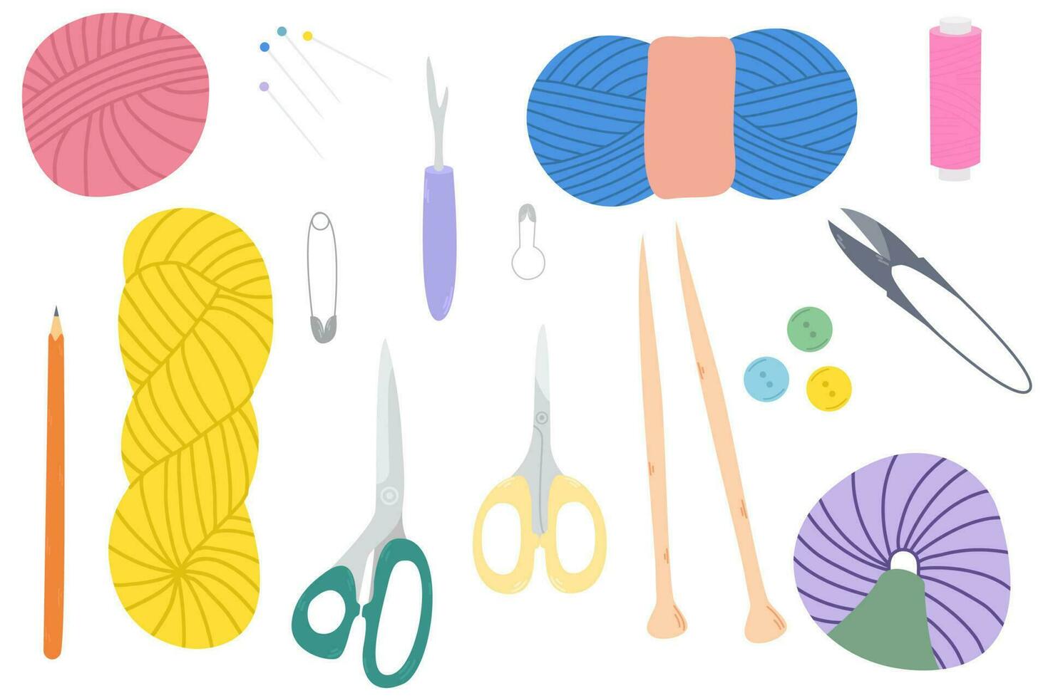 conjunto de costura de coser herramientas. accesorios a tejer y coser colección con tejido de punto agujas tijeras, hilo, pelota de lana, agujas, botones. vector