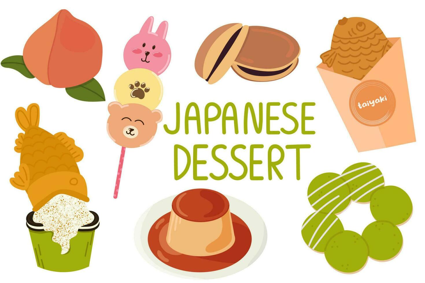 Set with japanese desserts. Japanese street food dessert.Taiyaki,mochi,dango,nerikiri,purin. vector