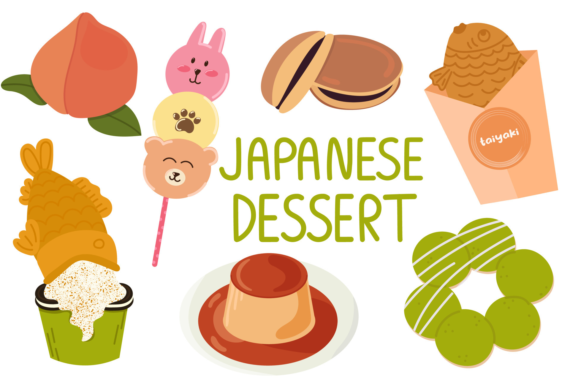 Set with japanese desserts. Japanese street food dessert.Taiyaki,mochi,dango,nerikiri,purin