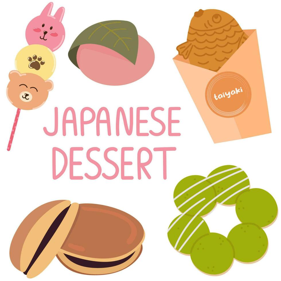 Set with japanese desserts. Japanese street food dessert.Taiyaki,mochi,dango,nerikiri,purin. vector