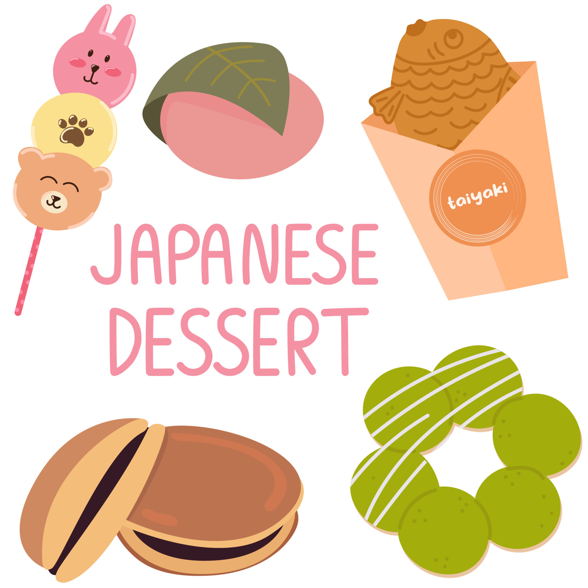 Set with japanese desserts. Japanese street food dessert.Taiyaki,mochi,dango,nerikiri,purin