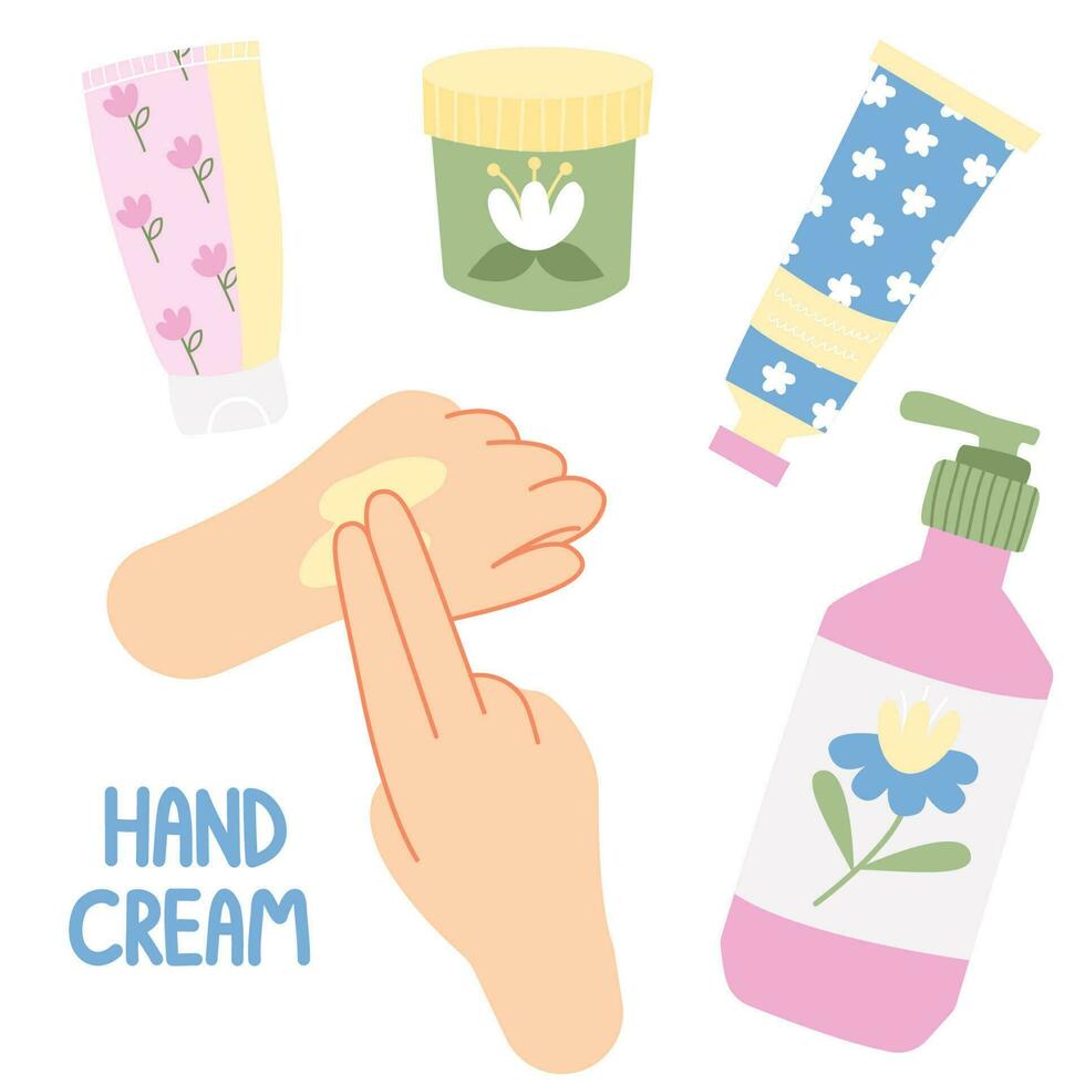 orgánico mano crema conjunto con floral diseño. conjunto de mujer manos aplicar crema desde tubo. protección de la piel rutina. diario cosmético. vector