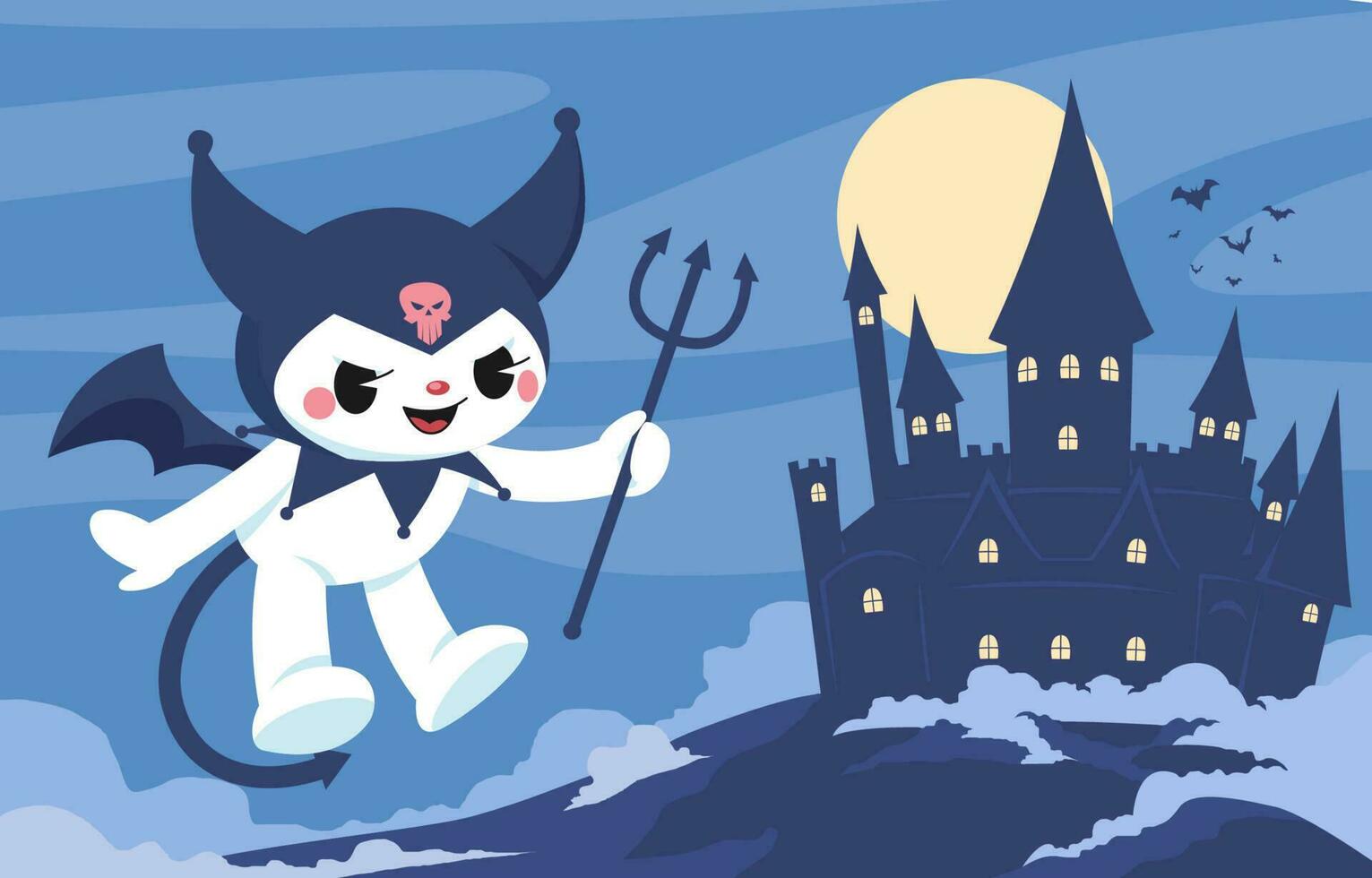 Cute Evil Rabbit Flying Around Scary Castle Background vector