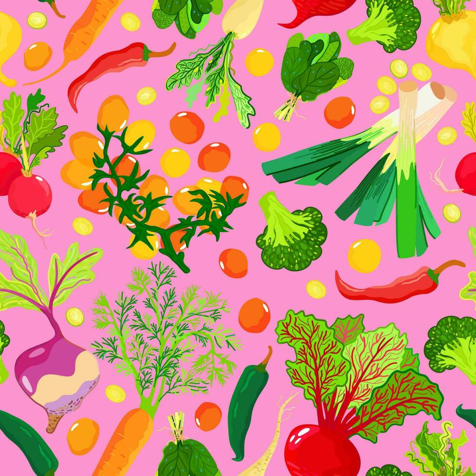 Summer vegetables. Vector seamless bright pattern.