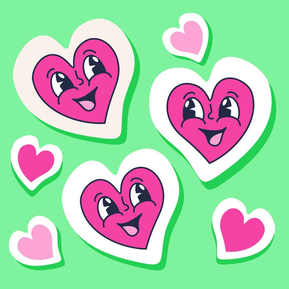Vector isolated stickers with hearts. Retro cartoon illustration.