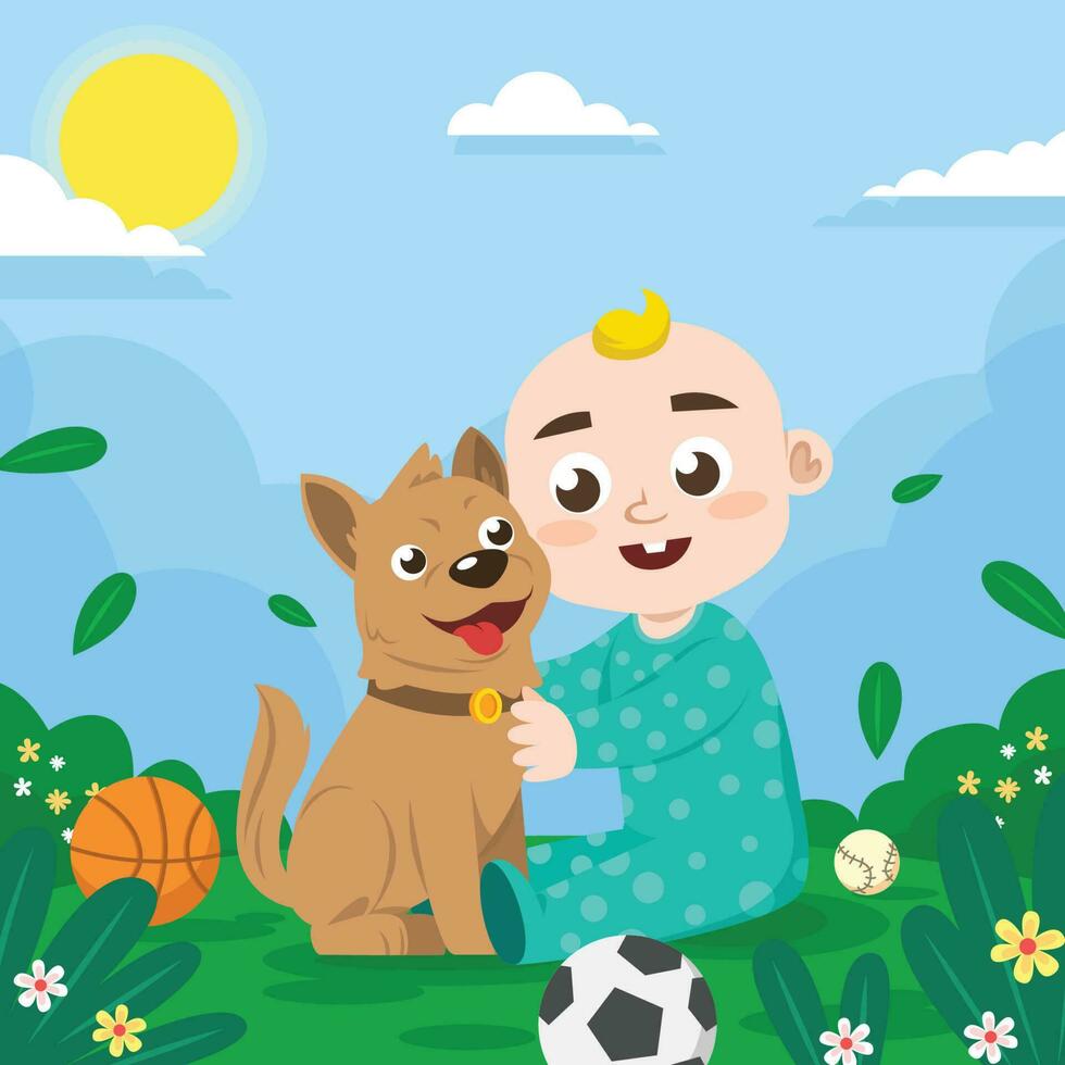 Little Boy Hugging His Dog In The Garden vector