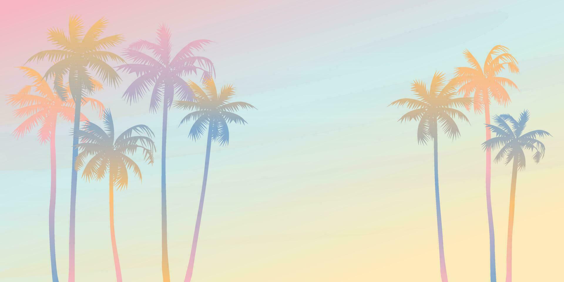 Colorful palm trees with surrealistic sky background vector illustration. Summer traveling and party at the beach paetel colors concept flat design with blank space.