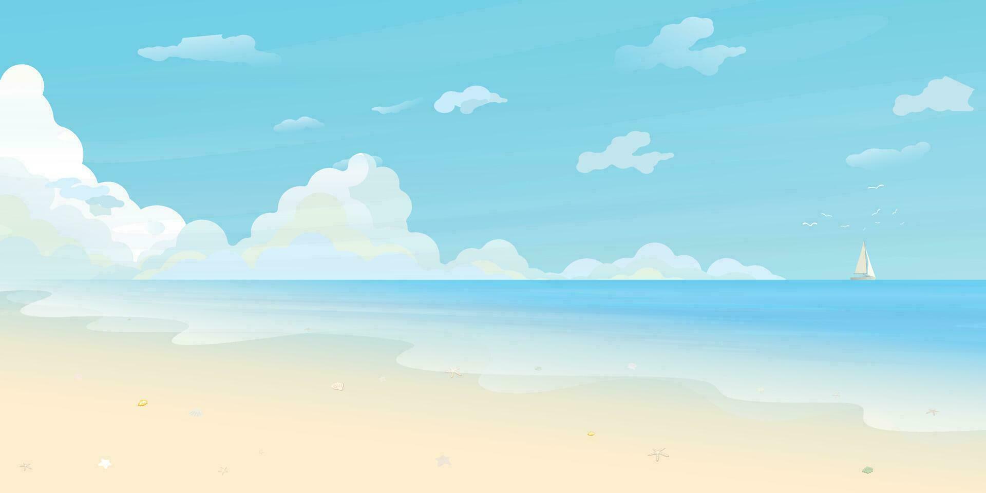 Tropical landscape of coast beautiful blue sea shore beach with yacht at skyline vector illustration.
