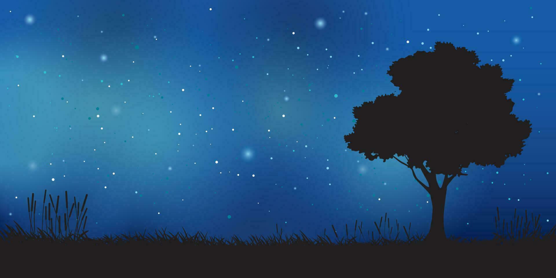 árbol y césped campo silueta con noche cielo tener un lote de estrellas antecedentes. vector