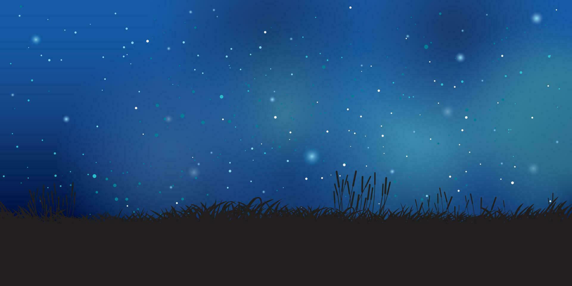 césped campo silueta con noche cielo tener un lote de estrellas antecedentes vector ilustración.