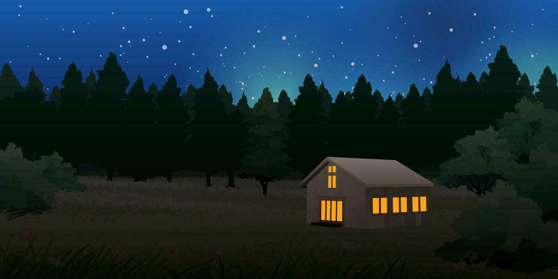 Log cabin in the forest at night vector illustration.