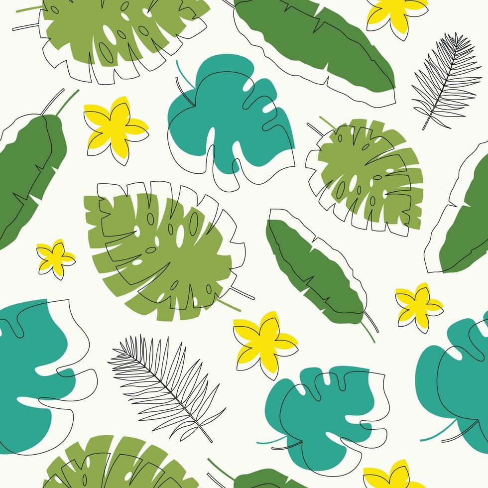 Trendy seamless tropical pattern with exotic leaves and flowers vector