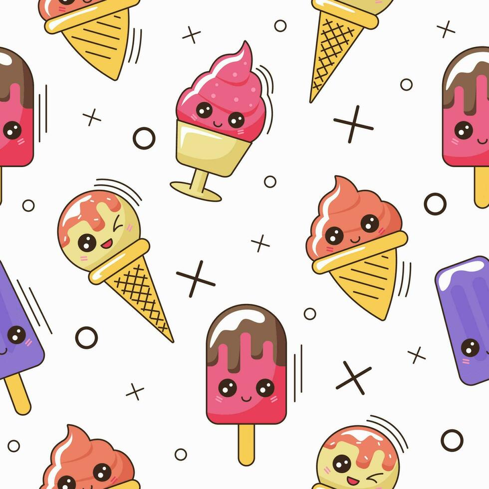 Seamless pattern. Cute kawaii styled ice cream vector