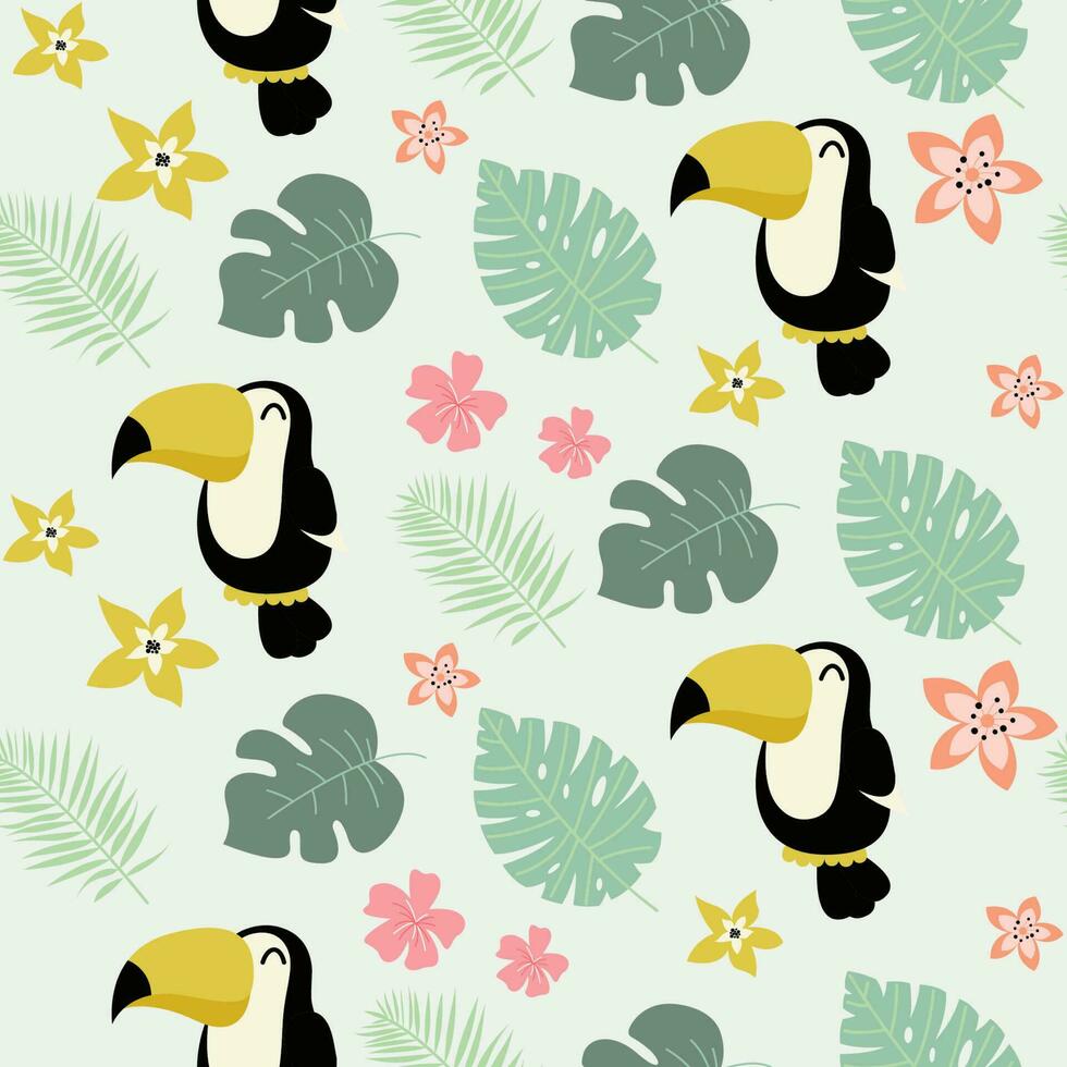 Tropical seamless pattern with toucan and exotic leaves vector