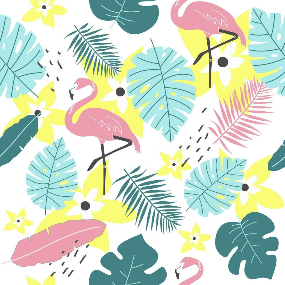 Summer seamless pattern of flamingo and tropical leaves vector