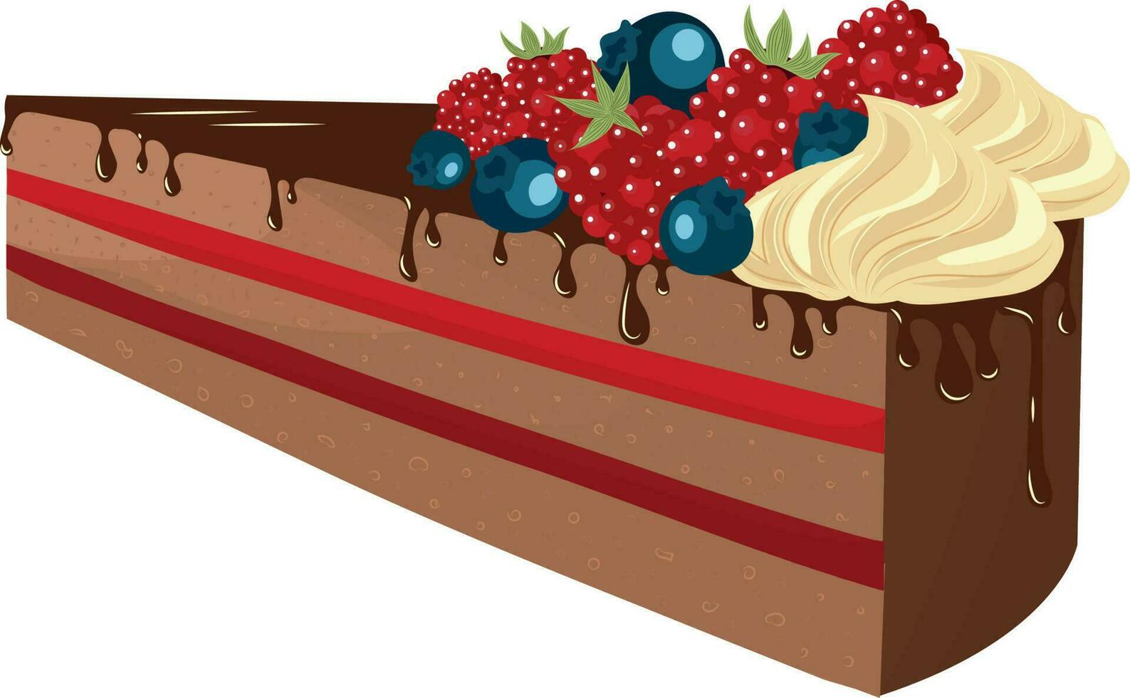 Chocolate cake with berry marmalade and berries on top. High quality vector illustration.