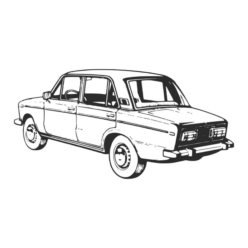 Soviet era old car. Lada VAZ Zhiguli model. Hand drawn ink vector illustration. Sketch vector drawing.