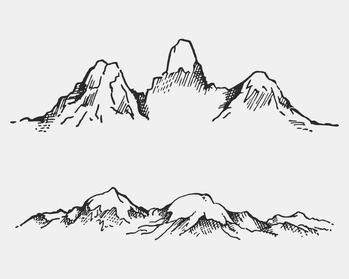 montañas paisaje. hermosa natural escenario. mano dibujado tinta ilustración. bosquejo vector dibujo.