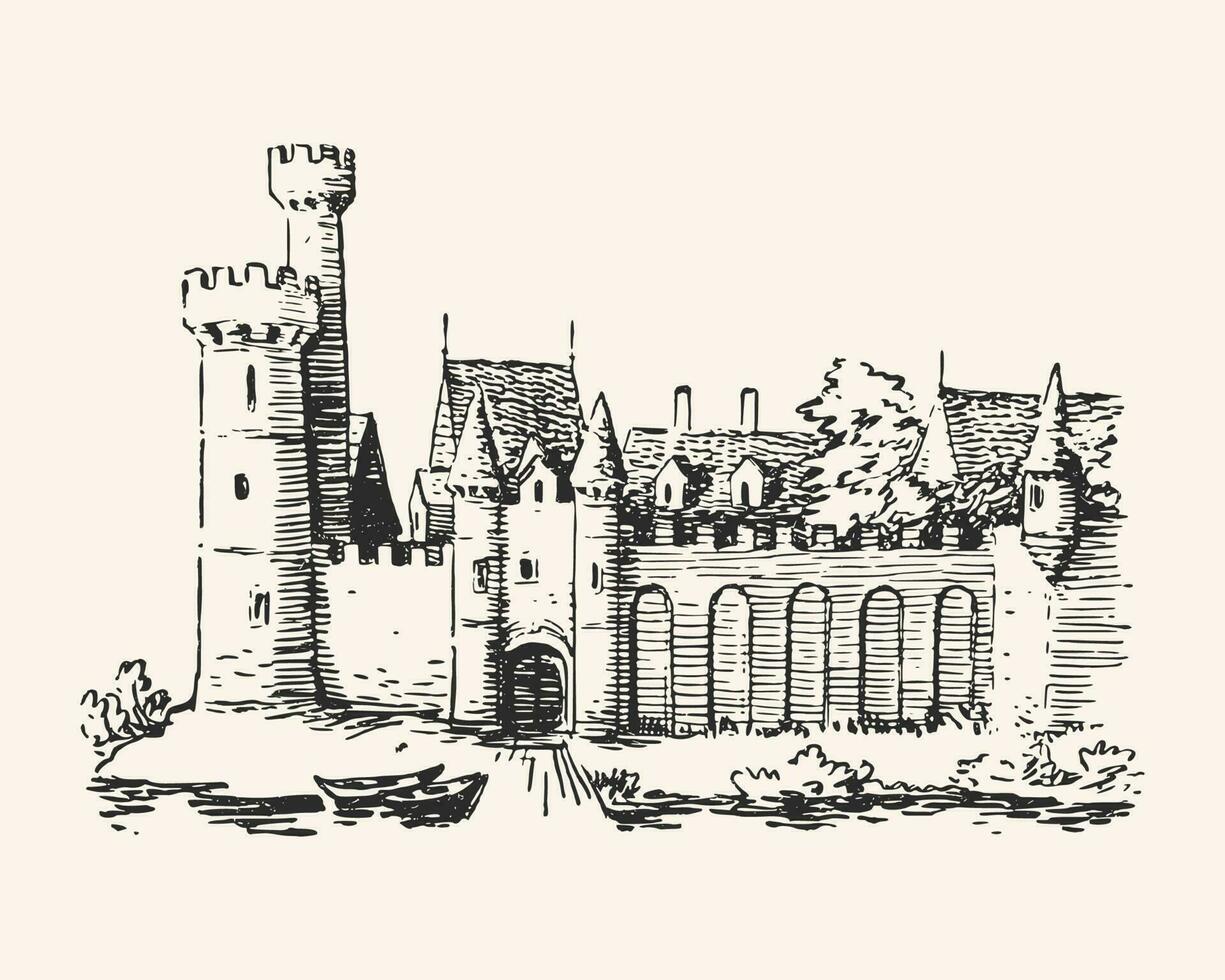 Medieval stone fortress. Old city scenery. Castle or fortified palace with gates. Middle Ages tower. Hand drawn ink vector illustration. Sketch vector drawing.