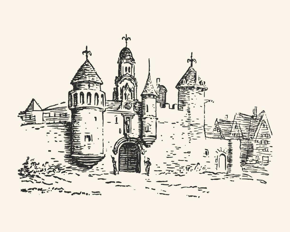 Medieval stone fortress. Old city scenery. Castle or fortified palace with gates. Middle Ages tower. Hand drawn ink illustration. Sketch vector drawing.