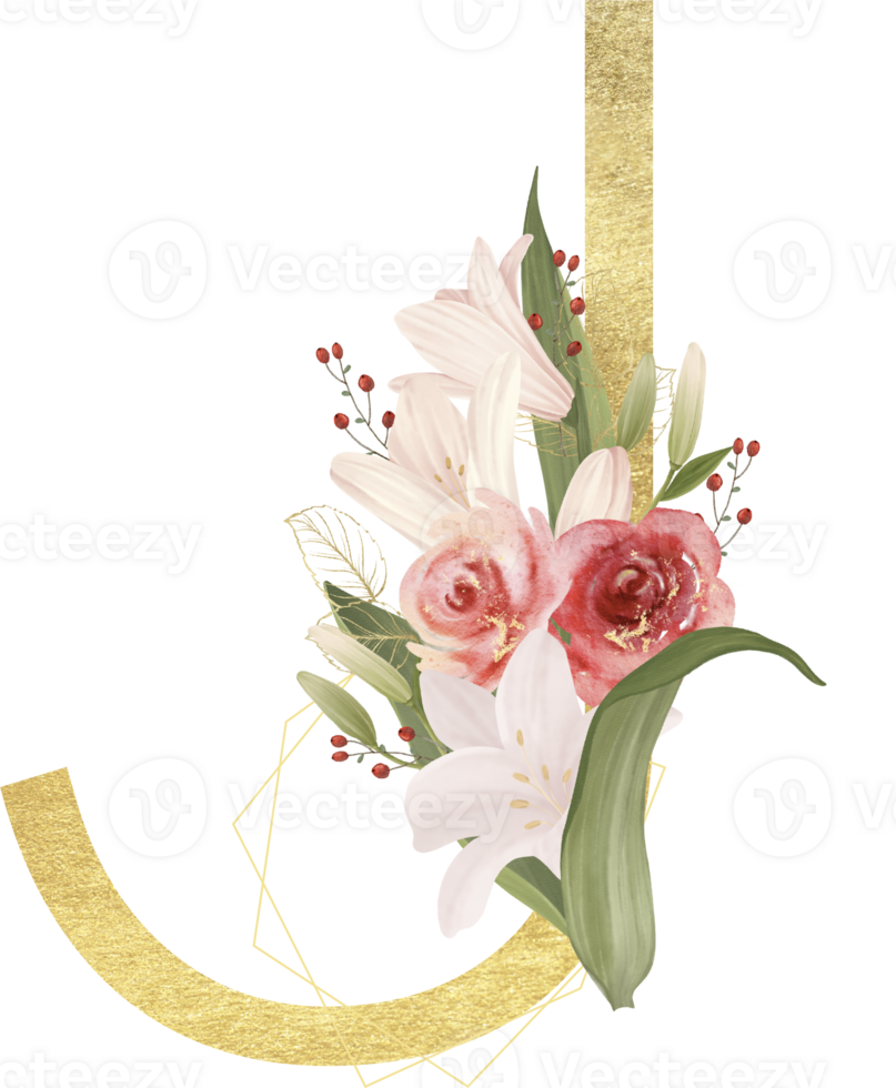 Alphabet and numbers gold watercolor, Wedding flower letter png
