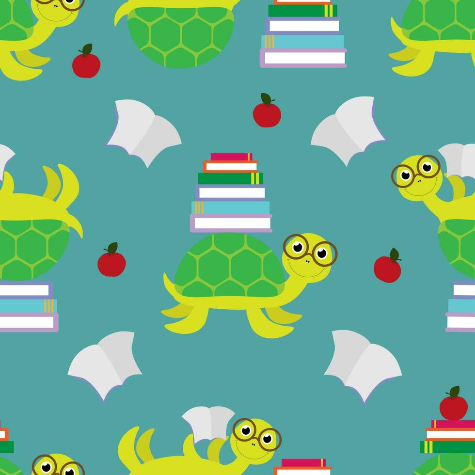 Vector seamless pattern with turtles reading books in cartoon style. Back to school print template
