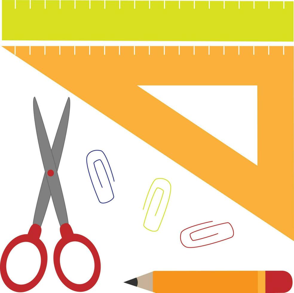 Vector set of back to school stationery scissors, pencil, rulers and clips in cartoon style