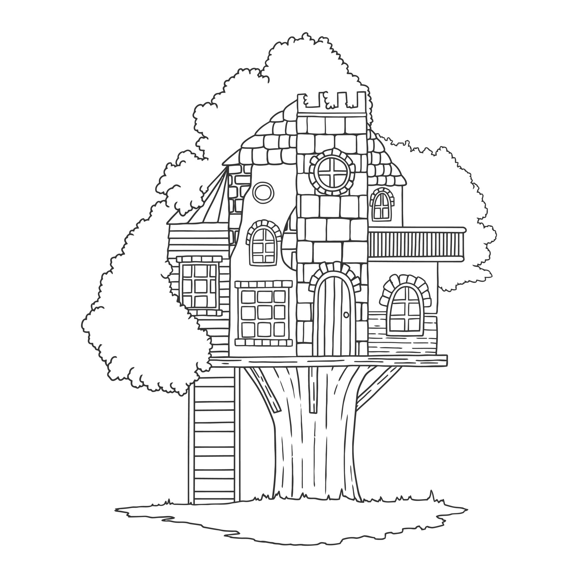 Coloring book, tree house pictures, doodle line art style, for children