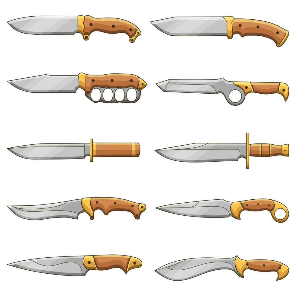 Bundle of various types of knives and daggers, doodle line art vector