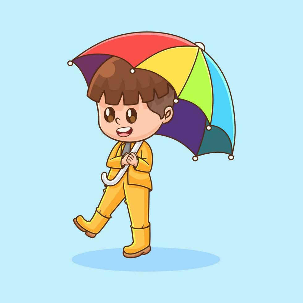 Illustration of cute chibi boy wearing rainbow themed raincoat and umbrella, happy smiling face vector