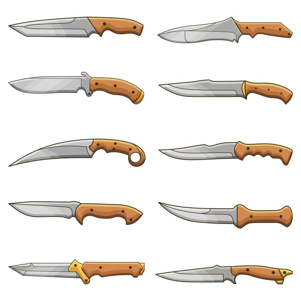 Set of various types of knives and daggers, doodle line art vector