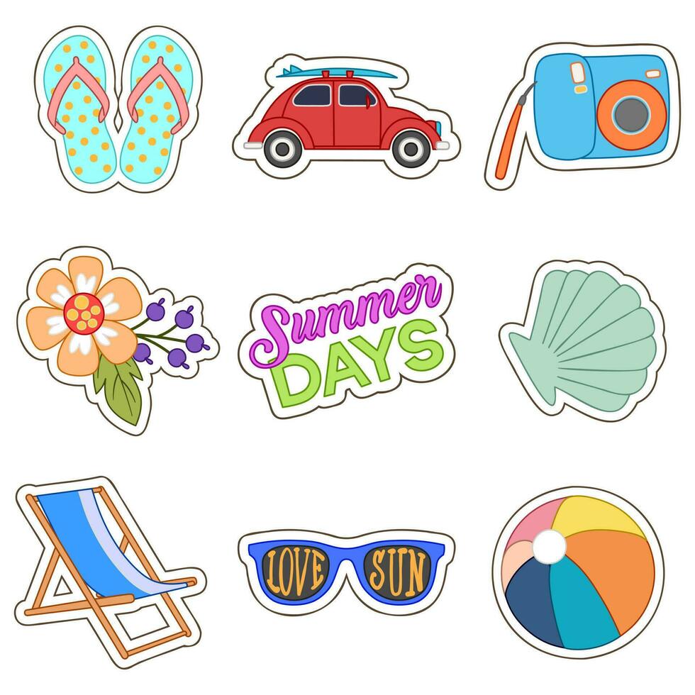 Set of summer theme stickers, cute and adorable vector