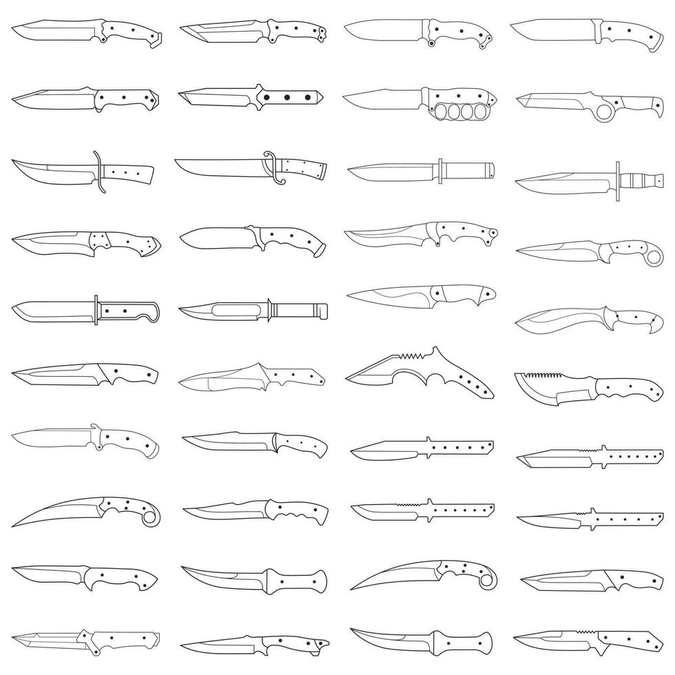Doodle line art illustration combat knife and dagger bundle item vector