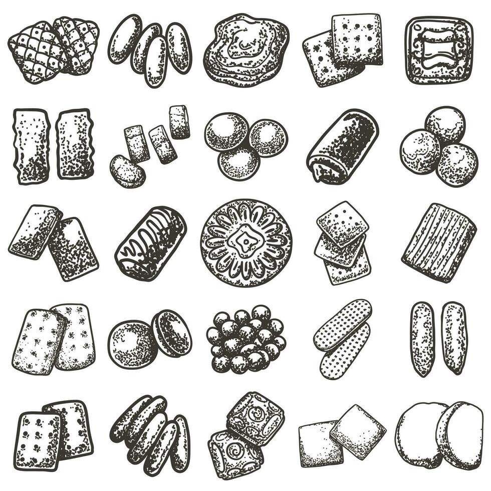 line art of various kinds of snack cakes, bundle set items, free vector