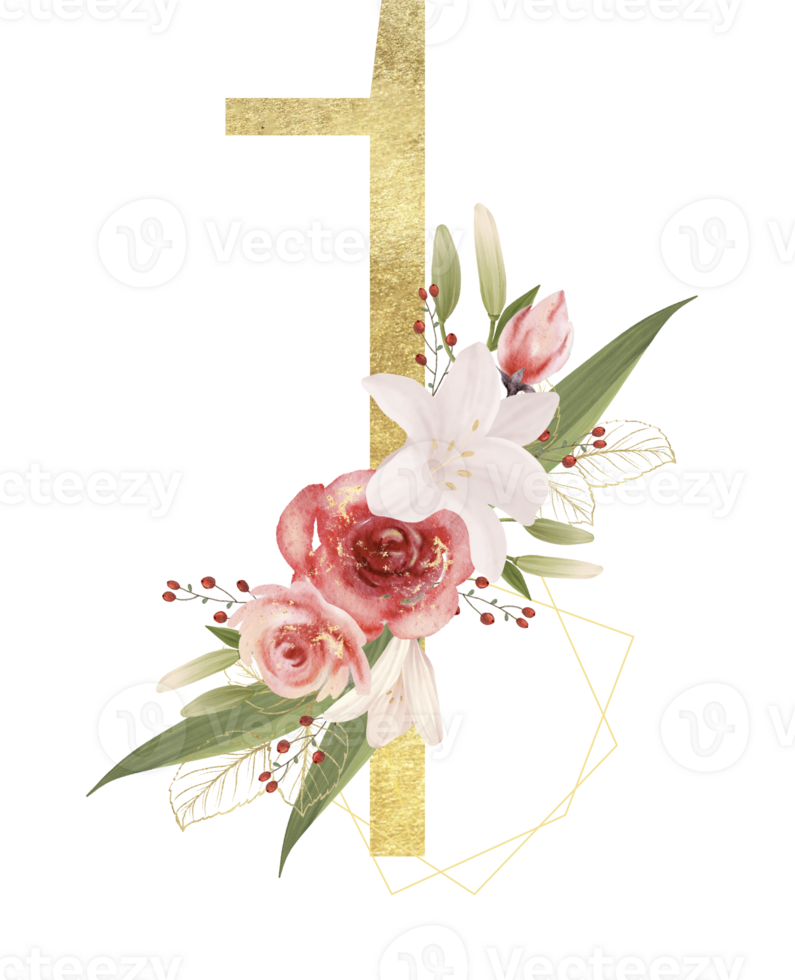 Alphabet and numbers gold watercolor, Wedding flower letter png